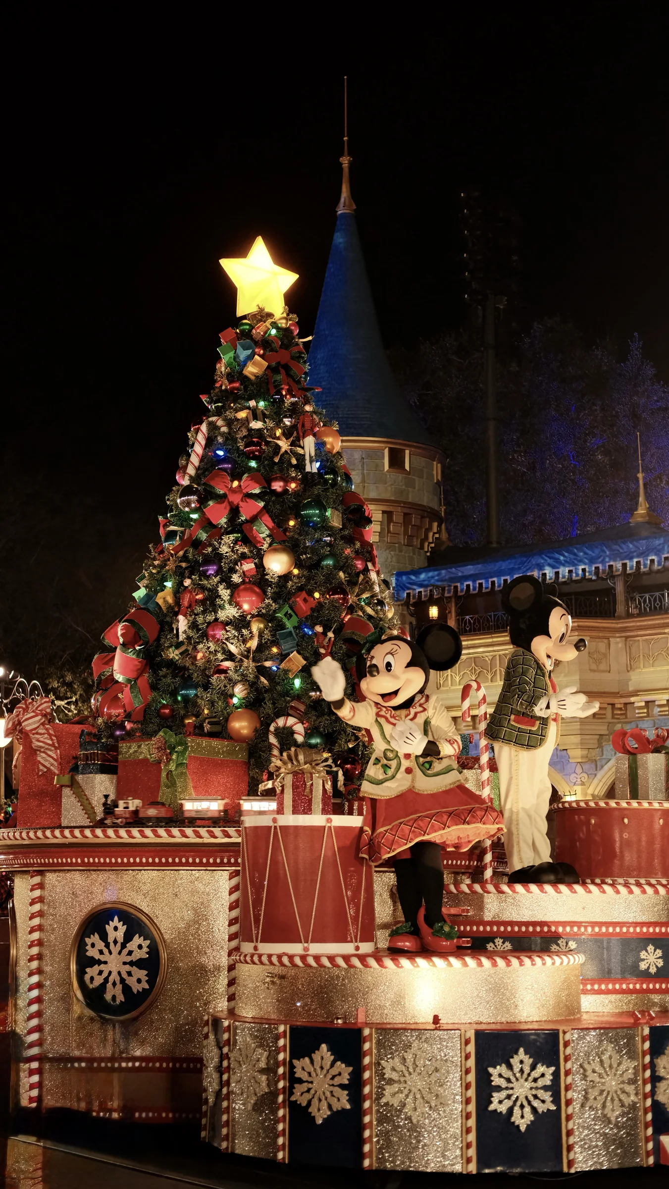 Holiday parade float at night