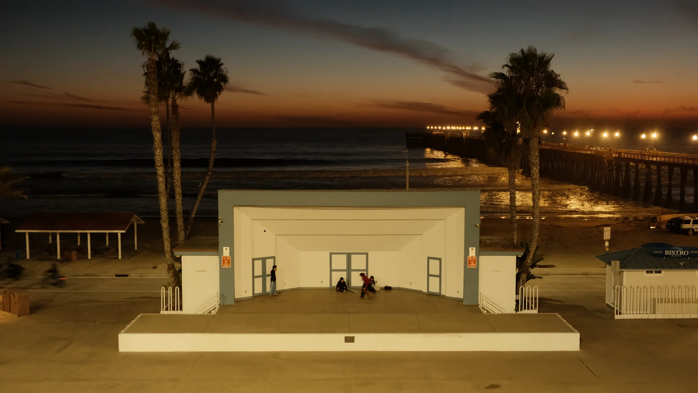Oceanside stage and pier lights after dark